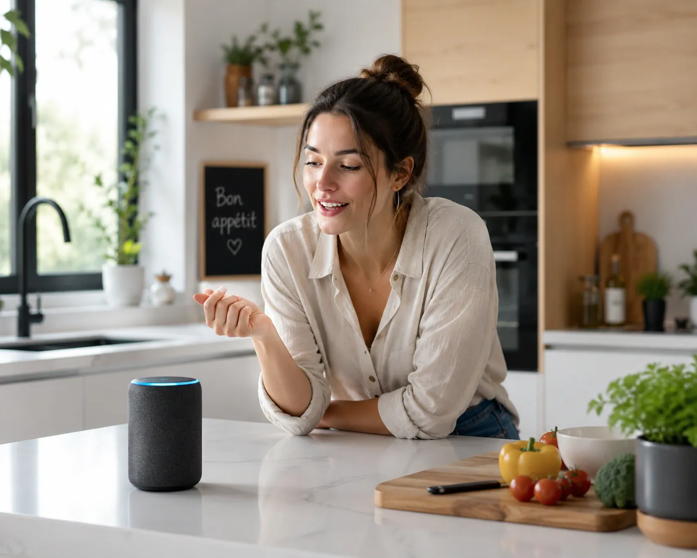 Femme utilisant un assistant vocal dans sa cuisine lumineuse moderne